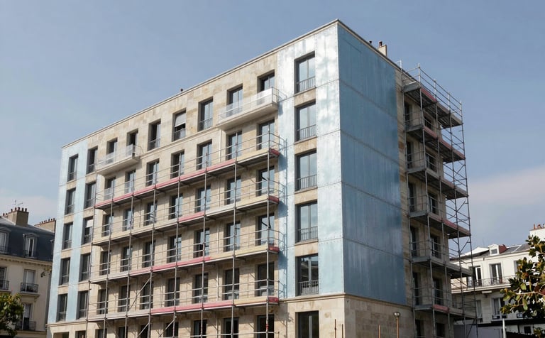 Wide shot of a contemporary apartment building in a European / French city during a renovation. Scaffolding is visible, and part of the facade features new light steel blue cladding and beige stone finish under a clear sky.