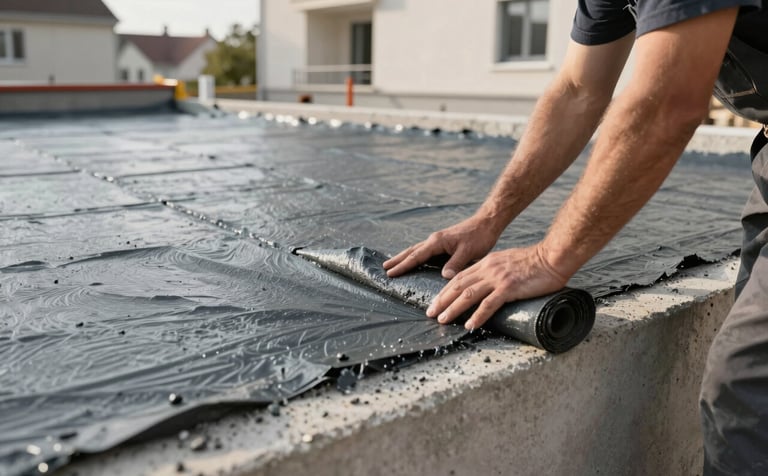 Close-up of a professional construction expert applying a dark slate grey waterproofing membrane to a modern residential foundation in a European / French urban setting. Soft morning light, highlighting the texture of the materials and the beige concrete.