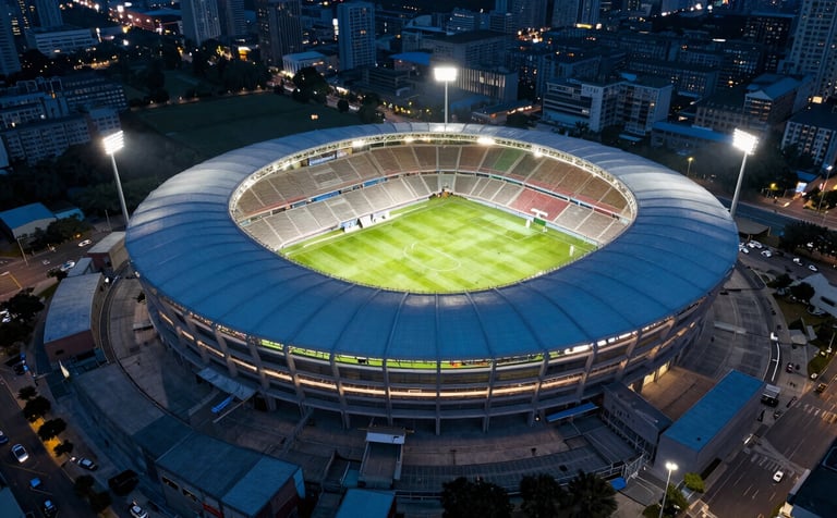 A high-altitude aerial photograph of a massive outdoor soccer stadium at night, brilliantly lit by Big Dipper lighting systems. The surrounding urban landscape is dimly lit in steel blue and dark blue, emphasizing the vibrant, clear light of the venue.