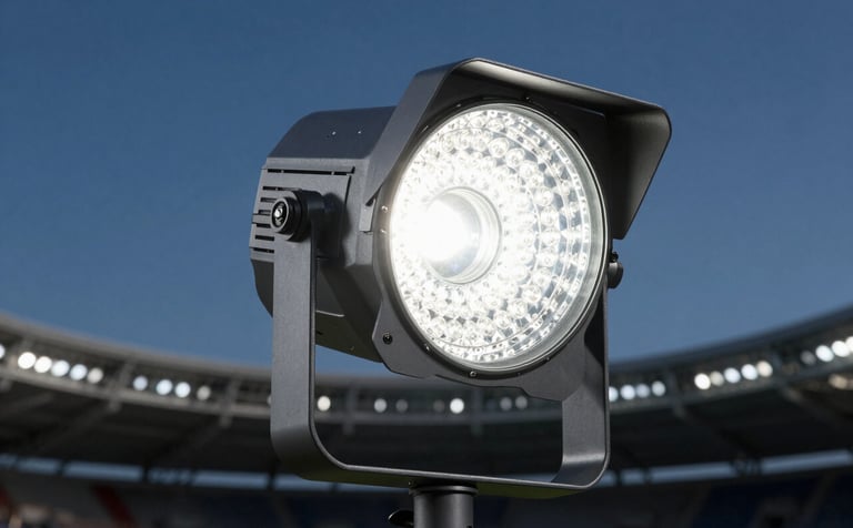 A close-up, high-detail photograph of a professional stadium LED floodlight fixture. The design is sleek, minimalist, and metallic gray. The lighting is crisp and cool-toned, set against a dark blue sky at dusk in an international metropolitan sports complex.