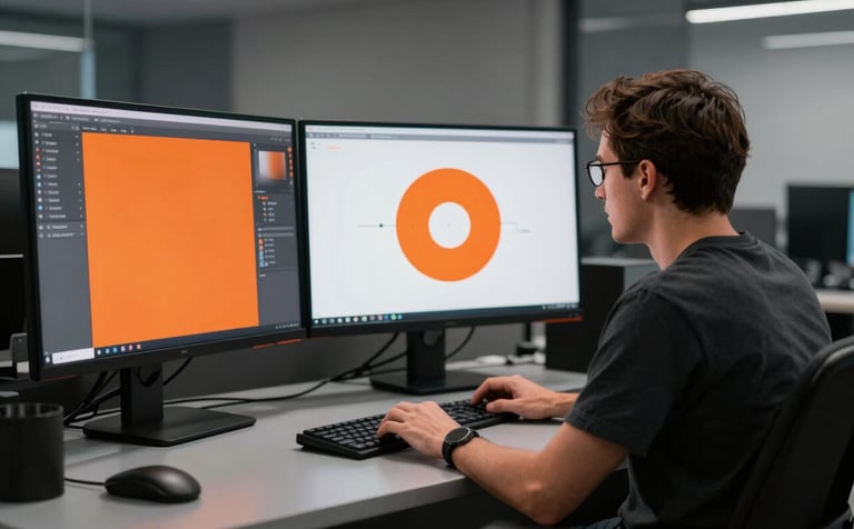 A creative director in a high-end North American / US design studio. The workspace is sleek with charcoal grey accents. Large monitors show sophisticated, minimalist brand identities with vibrant orange highlights.