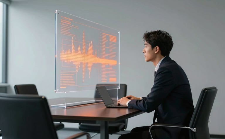A focused professional in a minimalist North American / US corporate boardroom. The scene features deep black furniture and soft light grey walls. The person is looking at a high-tech, transparent digital display glowing with vibrant orange data points.