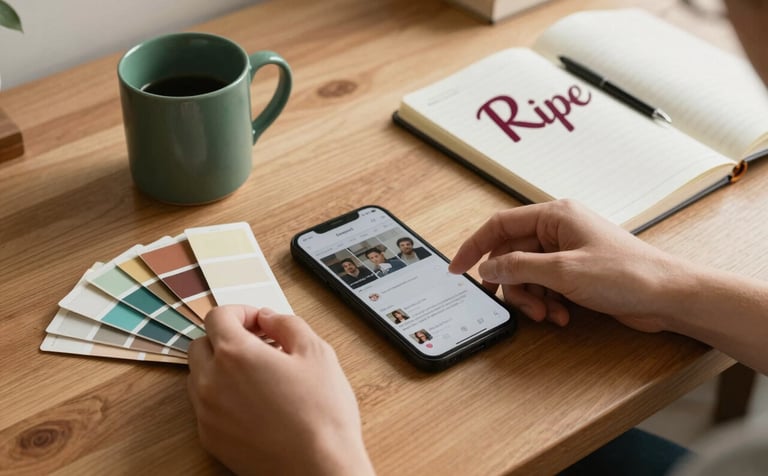 A top-down view of a professional's wooden desk in a bright North American / US home office. A hand is seen arranging color swatches next to a smartphone displaying a social media feed. The scene features a ceramic mug in Matte Forest Green and a notebook with Deep Ripe Crimson lettering. Natural, warm morning light creates a cozy atmosphere.
