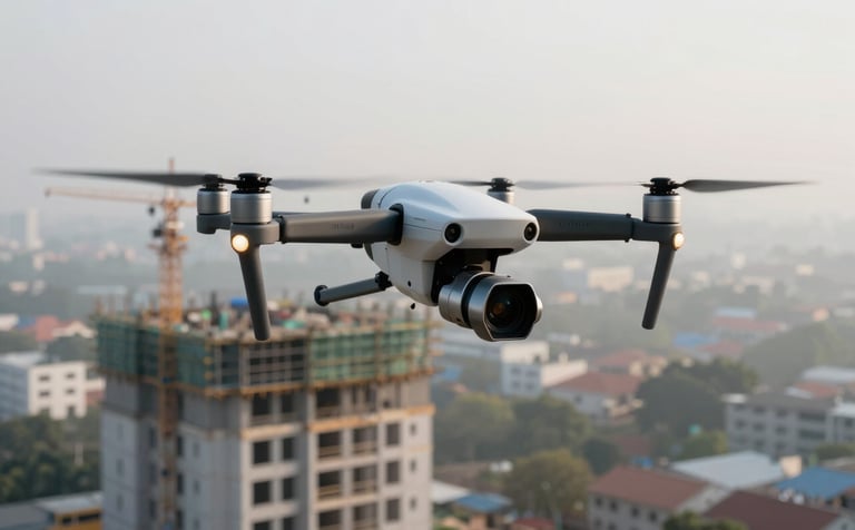 A high-tech camera drone hovering over a modern multi-story residential building under construction in a South Asian / Indian city, capturing professional aerial footage during a bright mist grey morning.