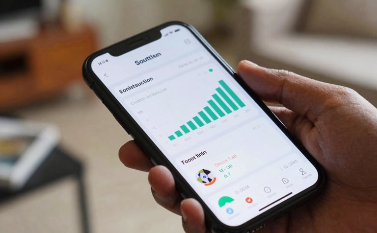 A close-up shot of a smartphone screen displaying a professional construction dashboard with progress charts, held by a person in a South Asian / Indian home setting.