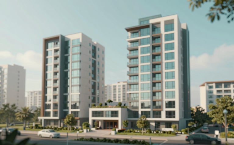 A professional architectural photograph of a modern residential development in Karachi, featuring clean lines and sustainable design. The lighting is bright and optimistic, reflecting financial stability. The color palette includes hints of #4F7E6C and #A8C9B9 in the landscape and building accents.