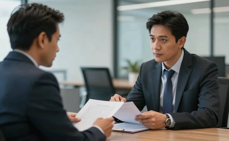 A professional business consultation scene in a modern Karachi office. Two financial advisors in business attire are discussing documents, reflecting trust and integrity. The atmosphere is sophisticated with soft lighting, incorporating the corporate colors #1A322C and #F7F9F8.