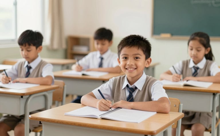 A clean and professional photograph of children in a bright classroom in Bangalore. They are smiling and engaged with school supplies. The lighting is soft and natural. The scene conveys a sense of hope and progress, incorporating soft beige and brown tones from the brand palette in the furniture and clothing.