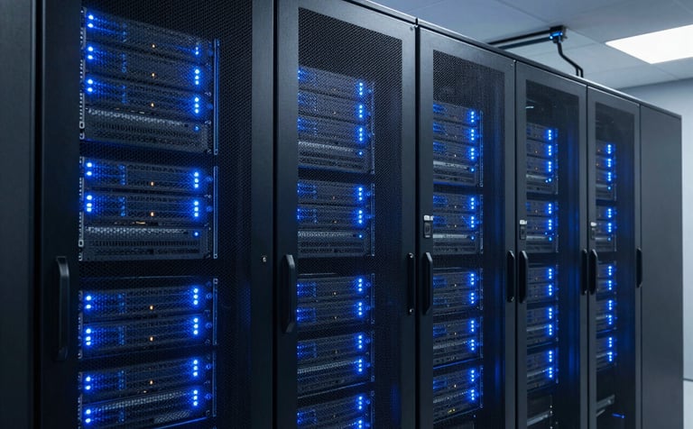 Clean, high-tech server racks in a secure data center, glowing with soft blue lights. Photography style is professional and sharp, emphasizing innovation and sophisticated infrastructure in a South American tech hub.