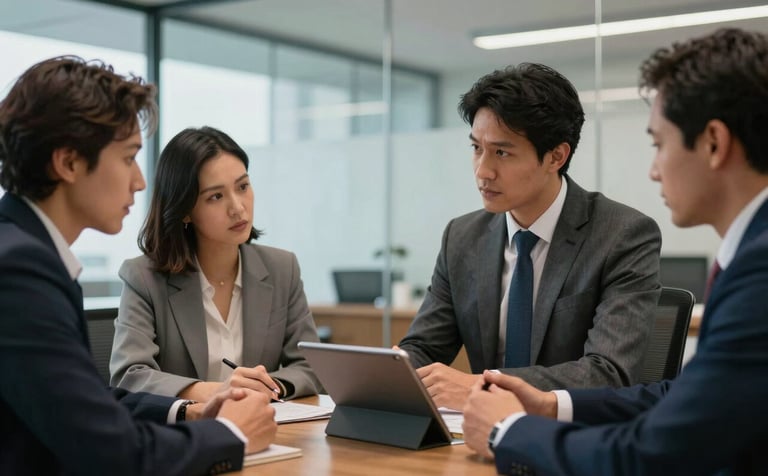 A group of professional colleagues in a Brazilian corporate setting discussing project strategy around a tablet. Sophisticated office background with glass walls and professional attire, reflecting a mood of trust and expertise.