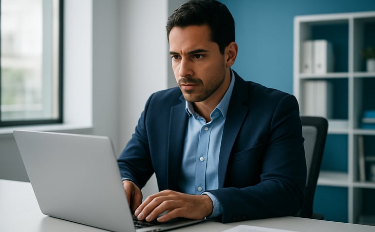 A focused South American marketing professional working on a laptop in a bright, modern office with blue and white accents. The scene is clean and professional, with natural light coming through a large window, creating a trustworthy and innovative atmosphere.