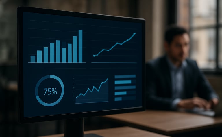 Close-up of a high-resolution computer monitor displaying a clean dashboard with growth metrics in blue and black colors. In the blurred background, a professional South American setting provides context of a high-performance agency environment.