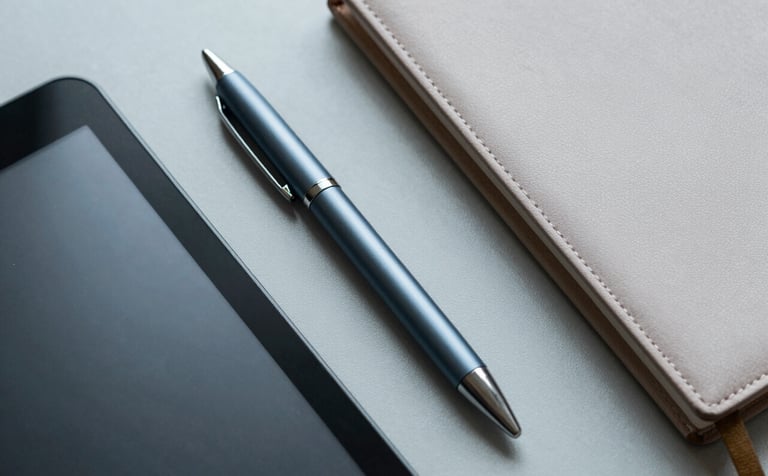 A top-down, clean macro photograph of professional tools on a pale grey surface: a high-quality pen, a digital tablet, and a clean leather planner in a North American / International workspace. Colors are muted steel blue and soft silver.
