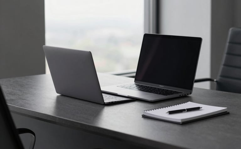 A high-end, minimalist North American / International corporate office setting. A sleek charcoal grey desk holds a slim laptop and a notebook. Soft daylight enters from a large window. The aesthetic is clean and professional, featuring a palette of charcoal and steel grey.