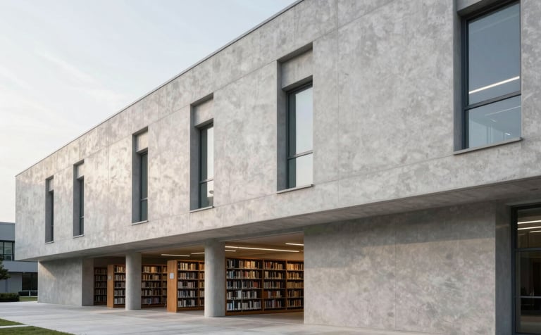 A modern North American / International university library or architectural building with clean lines and soft silver concrete walls. The lighting is bright and even, conveying a sense of knowledge and precision. The style is sophisticated and minimalist.