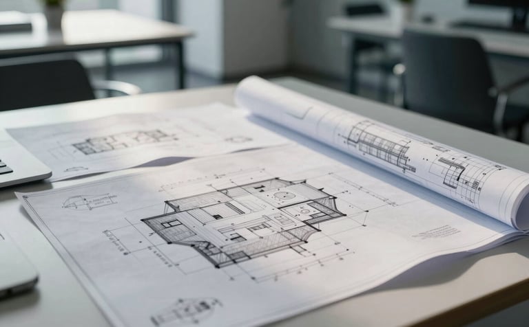 A refined and modern architectural office in Bratislava, featuring sharp blueprints and technical drawings spread across a large desk. The scene is illuminated by soft natural light, conveying a sense of precision and trustworthiness in steel blue and off-white tones, Central European style.