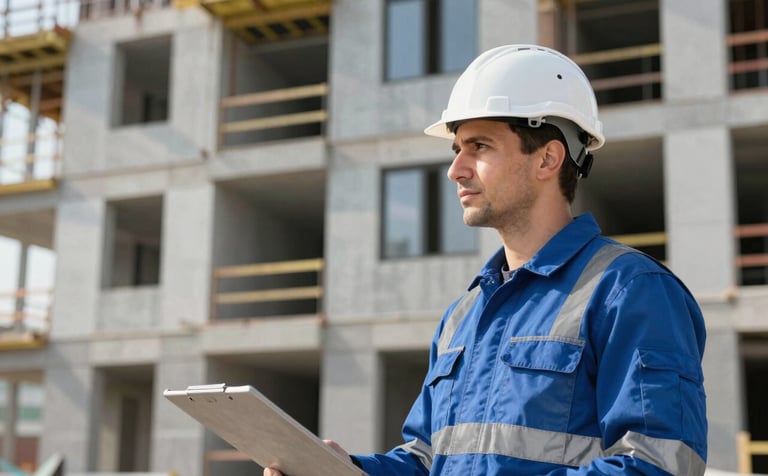 A professional construction expert in a white hardhat and steel blue safety gear inspecting a modern Central European building site in Bratislava. Sharp lighting highlights the technical details of the structure, reflecting high standards and reliability.