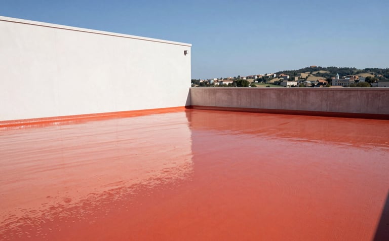 A detailed industrial photography shot of a wide outdoor terrace being treated with red-orange waterproofing rubber coating. The background shows a Southern European landscape. High-contrast, clean lines, and minimalist industrial style. No people.
