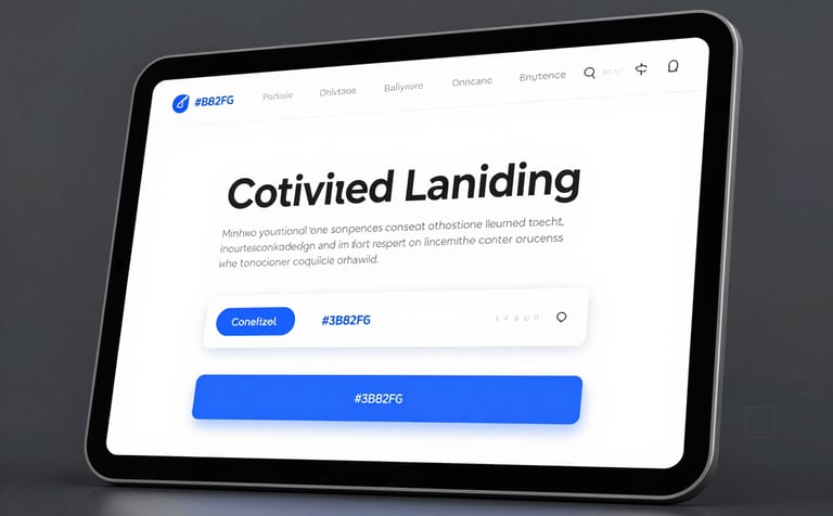 A close-up of a tablet screen showing a conversion-optimized landing page with high-contrast call-to-action buttons in #3B82F6. Clean, professional UI design elements floating in a tech-inspired composition.