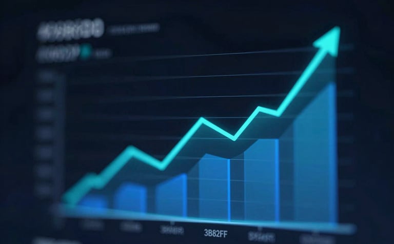 A sophisticated data visualization showing an upward growth trend with glowing lines in #06B6D4 and #3B82F6 against a dark, tech-inspired background. Represents digital success and business scaling.