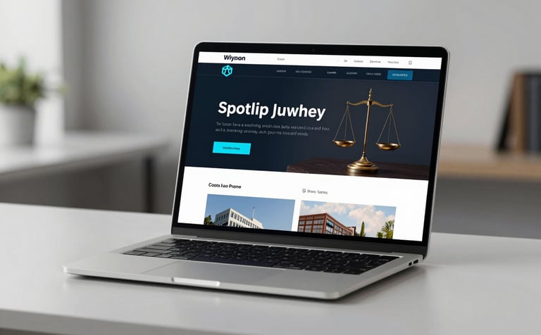 A high-end laptop on a minimalist desk displaying a sleek, dark-themed website for a law firm. The screen features clean typography in white and accents of #06B6D4. Professional, luxury office lighting with soft shadows.