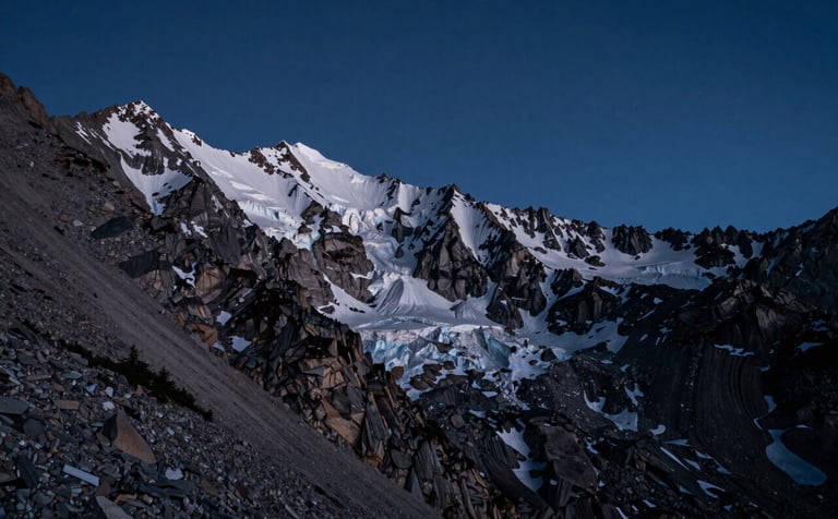 A breathtaking cinematic photograph of a rugged mountain range in the North American / US Pacific Northwest under a deep blue night sky. The composition is epic and vast, using professional lighting to highlight the textures of the stone and ice.