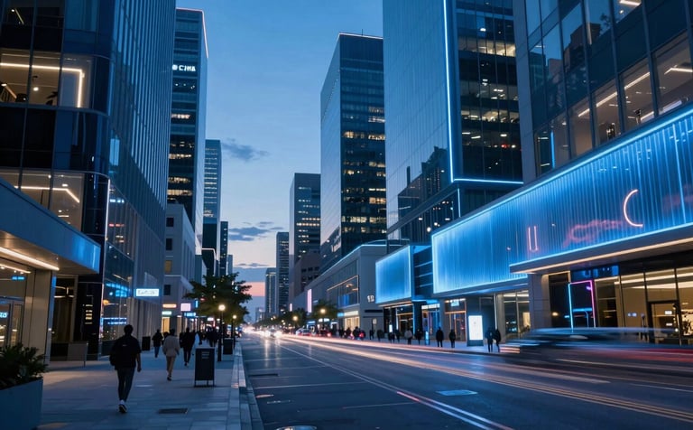 A wide-angle professional photograph of a futuristic neon-lit city street in a North American / US metropolis at dusk. The scene features deep blue and bright blue light reflecting off sleek surfaces. High-end architectural design with a moody, visionary atmosphere.