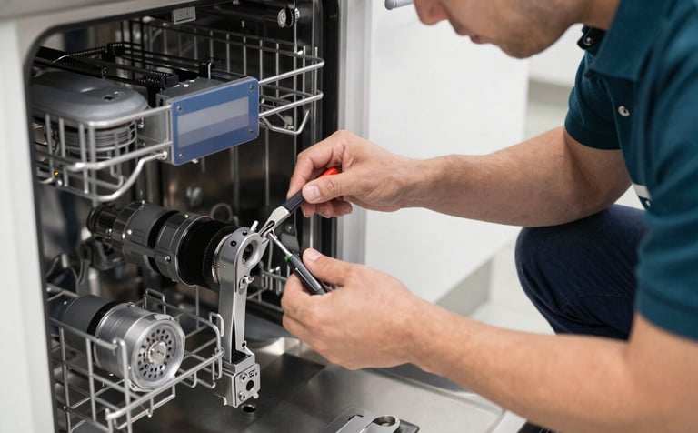 Close-up of a professional technician in a branded dark teal polo shirt repairing a complex industrial dishwasher in a clean, modern kitchen environment. Focus on hands with specialized tools. Bright, professional lighting, Central European context.