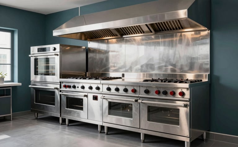 Showroom with high-end stainless steel commercial kitchen equipment, including professional ovens and cooking ranges. Elegant lighting reflecting off polished surfaces. Modern Central European interior with dark teal and gray accents.