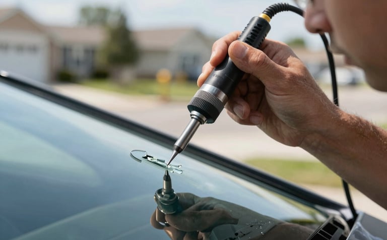 A close-up photograph of a professional technician in the US using a specialized precision tool to inject clear resin into a small windshield chip. The lighting is bright and clear, emphasizing the restoration of the glass. The background shows a clean North American suburban environment.