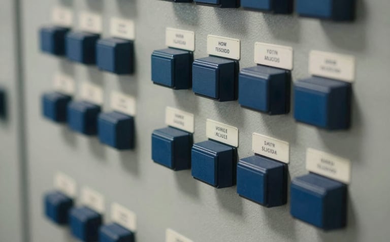 A close-up shot of a sophisticated electrical control panel with various steel blue switches and soft off-white labels. The lighting is crisp and authoritative, emphasizing technical precision and modern industrial innovation.