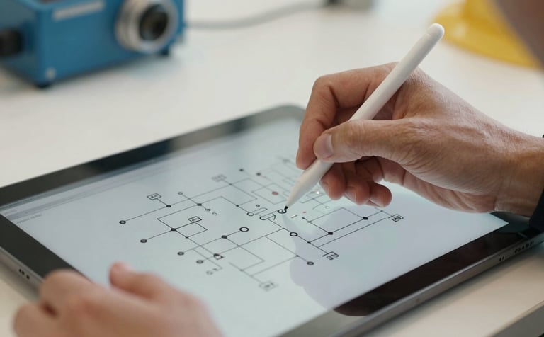 A high-resolution close-up photograph of a professional engineer's hand using a digital stylus on a tablet displaying a complex electrical schematic. The lighting is bright and clean, reflecting an office with soft off-white walls. Hints of steel blue equipment are visible in the blurred background.