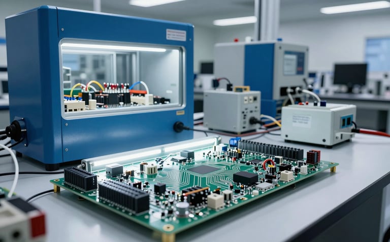 A professional wide-angle shot of a modern electrical engineering lab. In the foreground, a large circuit board is illuminated by cool white light. The color palette features deep blue and steel blue accents on the machinery, set against a clean, technical environment.