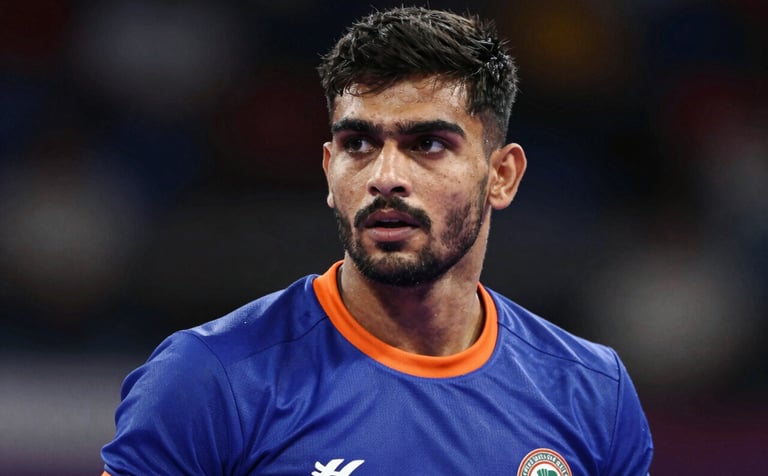 Close-up portrait of an elite Kabaddi player focused and intense, wearing a deep royal blue jersey with vibrant orange trim. Strong directional lighting, high contrast, reflecting the energetic and professional spirit of the federation.