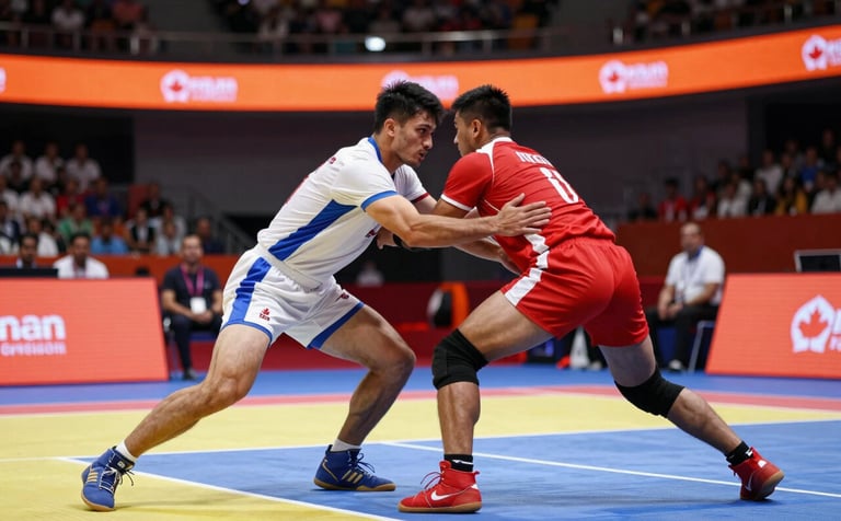 High-intensity Kabaddi league match action. A raider in a white jersey with blue accents attempts to touch a defender. The background shows a modern arena with vibrant orange highlights. The mood is competitive and electric, featuring professional Canadian sports aesthetics.