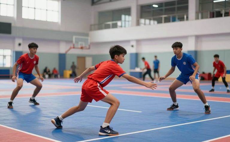 A group of young athletes in red and blue sports gear practicing Kabaddi moves on an indoor court in Brampton. The lighting is bright and fresh, capturing a dynamic action shot of a young raider reaching for the line. The environment is modern and energetic, reflecting a professional sports academy.