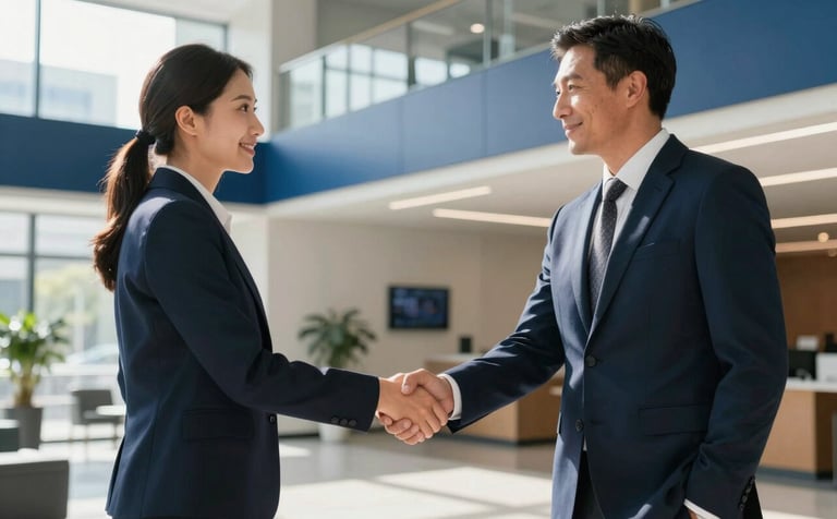 A medium shot of a professional handshake between two professionals in a sleek North American tech hub lobby. Sunlight illuminates a clean environment with navy blue architectural accents. The style is sharp, modern, and conveys trustworthy partnership.