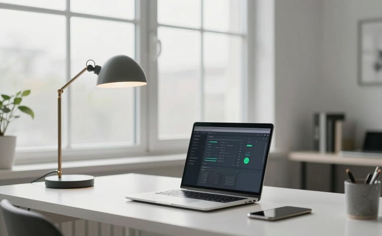 A North American professional working in a bright, modern home office. A clean workspace with a high-end laptop, a minimalist lamp, and large windows providing soft daylight. The composition is clean and focused, reflecting an innovative freelance lifestyle.