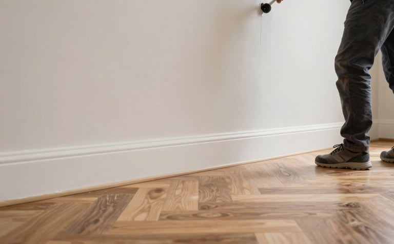 A close-up, high-quality photograph of professional renovation work in a Central European penthouse. Focused on a masterfully painted wall and luxury wood flooring, elegant lighting, reflecting a premium and clean service standard.