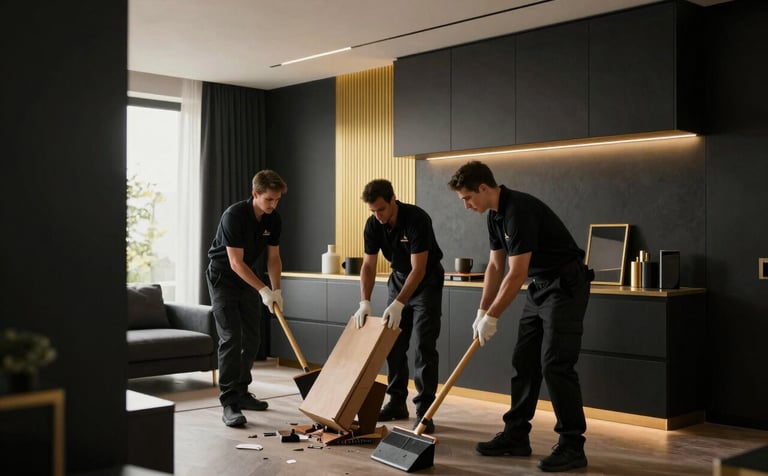 A premium, cinematic photograph of a professional clearing service team working inside a high-end, modern German apartment. Minimalist design, deep black and elegant gold tones, focused on the efficient and careful removal of items with sophisticated lighting.