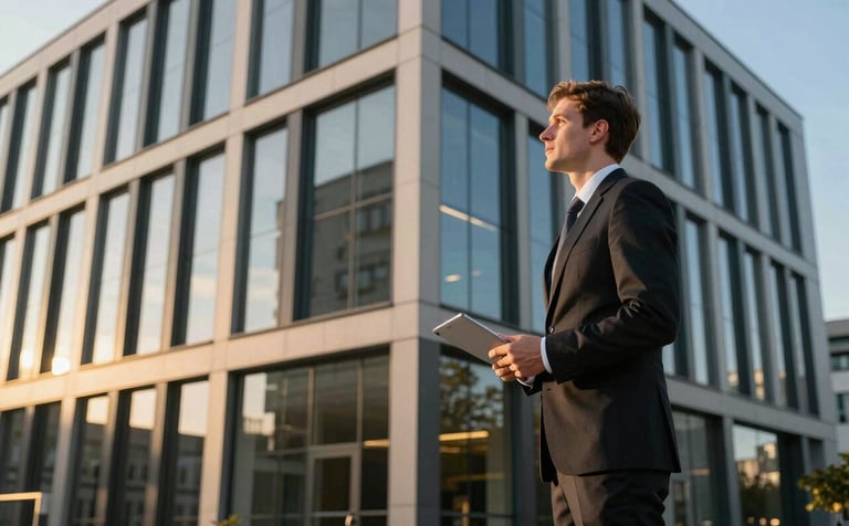 A professional property manager in smart attire inspecting a modern corporate building exterior in Germany during the golden hour. Sharp focus on high-quality architecture, deep black reflections, and golden light accents.