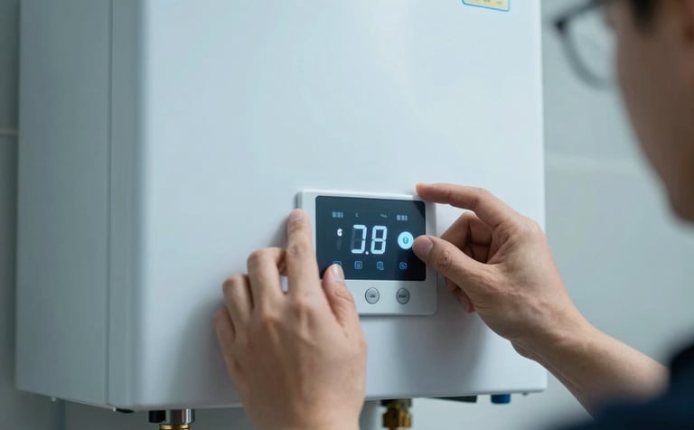 Close-up of a professional technician's hand adjusting the digital panel of a modern white gas boiler in a Spanish / European setting. Focus on precision and technical expertise, with pale blue lighting.