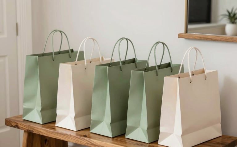 A collection of premium retail shopping bags in shades of pistachio green and soft cream white, sitting neatly on a wooden bench inside a bright, modern North American / US home entryway. Clean and organized aesthetic.
