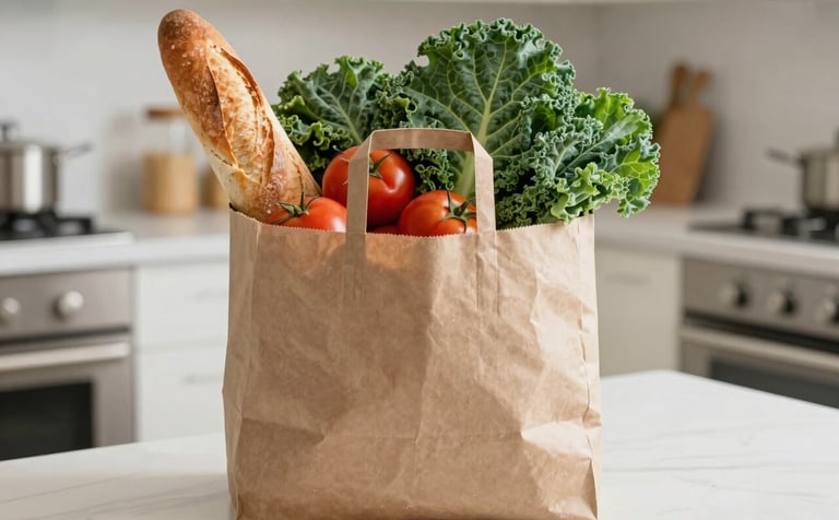 A close-up photograph of a brown paper grocery bag filled with fresh green kale, bright red tomatoes, and a baguette, sitting on a clean soft cream white kitchen counter in a modern North American / US home. The lighting is bright and airy.