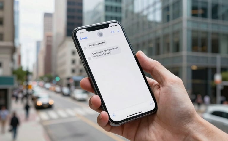 A high-angle photography shot of a smartphone in a person's hand in a North American metropolitan area, showing a clear, professional political text message notification. In the background, out-of-focus city streets and glass office buildings reflect a sophisticated blue and off-white color scheme.