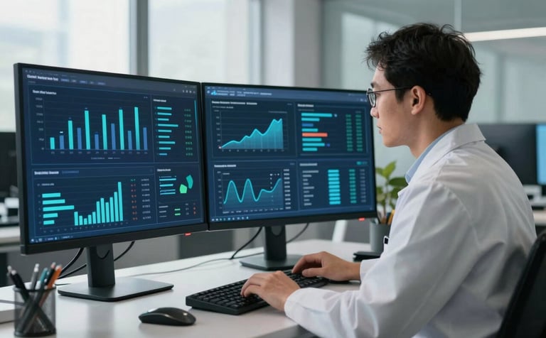 A professional researcher in a modern North American office setting, analyzing complex data visualizations and demographic charts on large dual monitors. The room is filled with soft, natural morning light, featuring a palette of deep navy blue and cool teal tones.