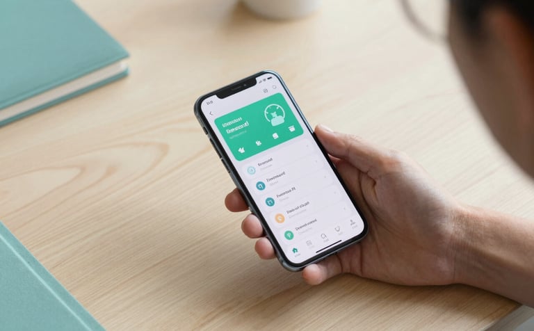 A top-down view of a minimalist workspace in an International / Global city. A person uses a sleek Android smartphone showing a productivity app with a clean interface. The scene features light wood and teal accents under bright, natural daylight.