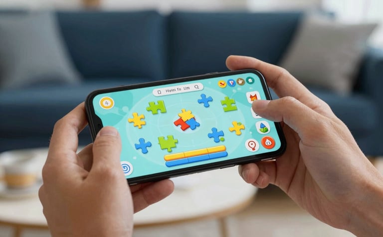 A close-up shot of hands holding a mobile device playing a colorful, engaging puzzle game in a bright, modern lounge. International / Global setting. Soft focus on background with deep blue and light cyan color palette.