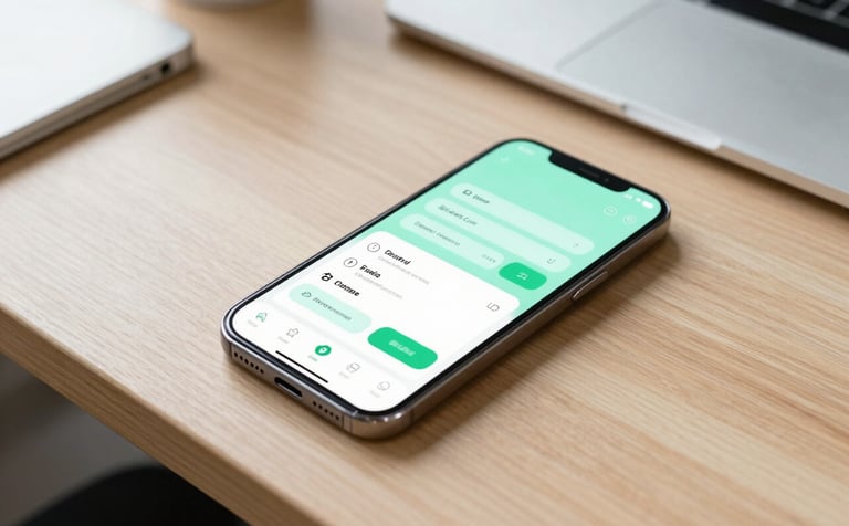 A high-angle professional shot of a sleek smartphone on a light-colored wooden desk in a modern North American office setting. The screen displays a sophisticated mobile dashboard with mint green accents. Soft natural light illuminates the clean workspace.