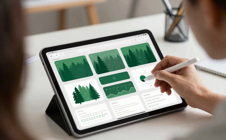 An over-the-shoulder view of a creative designer using a digital stylus on a tablet in a bright, modern US-based studio. The tablet shows clean UI/UX wireframes with forest green highlights. Professional atmosphere with soft bokeh background.